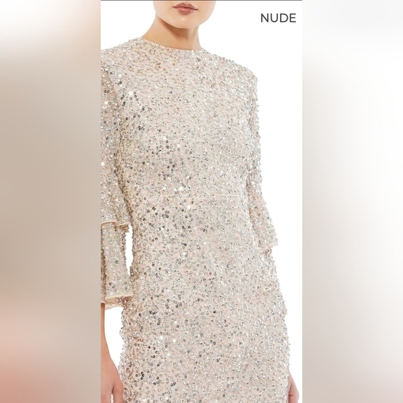 NWT! Mac Duggal, Fully Sequined Ruffle Tiered 3/4 Sleeve Midi Dress,Nude, SIZE 2 - Picture 5 of 12
